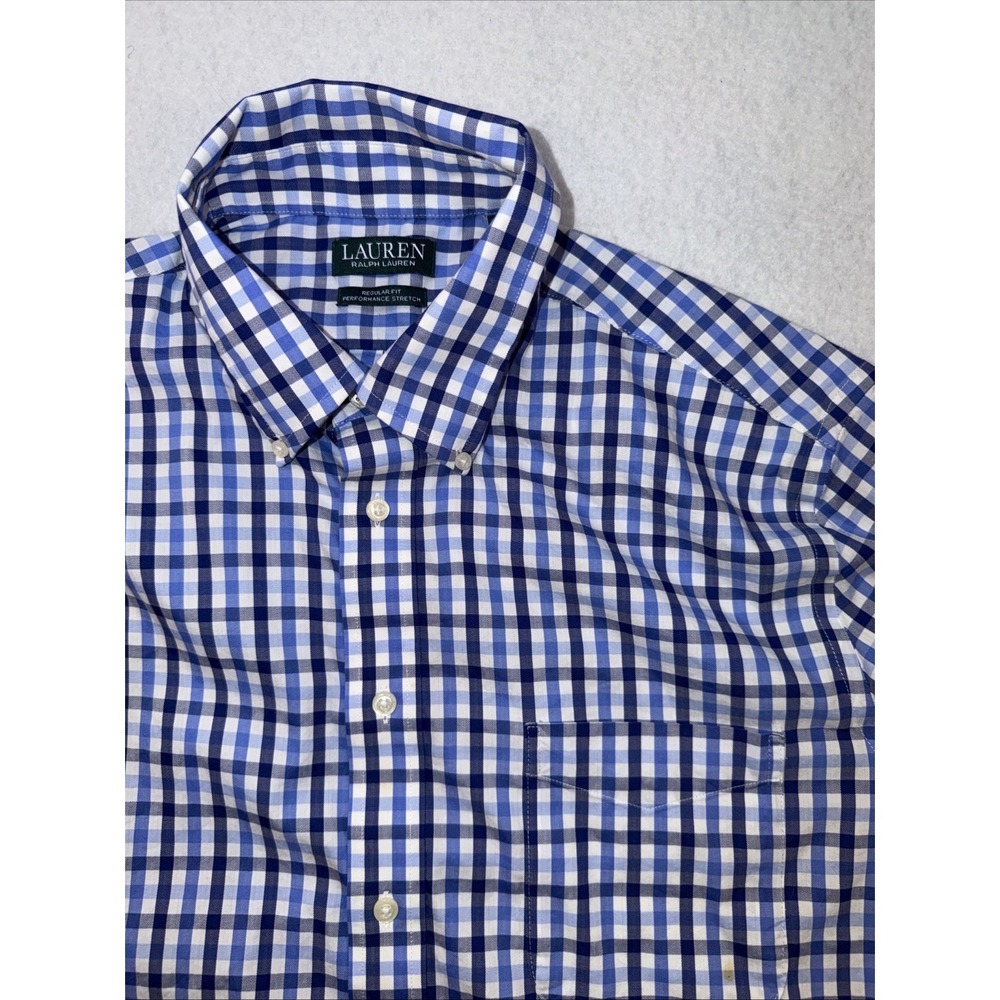 Lauren Ralph Lauren Men Reg Fit Performance stretch Sz L 16-16 1/2 Blue Plaid
